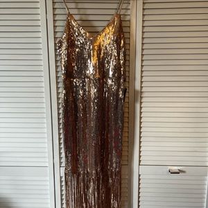 Rose Gold Sequin Fringe Midi Dress (medium)